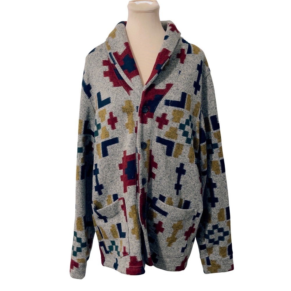 Levi Strauss Womens Cardigan Large Gray Southwestern Collar Fleece Jacket Boho
